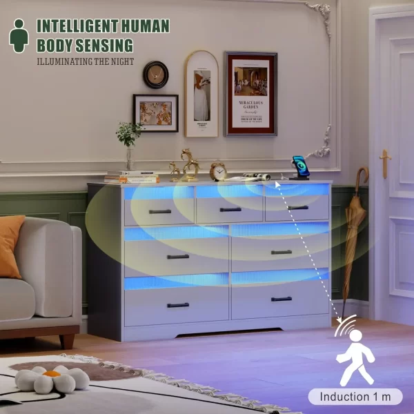 Grey Dressers for Bedroom, 7 Drawers Large Chest of Drawers with LED Light, Modern Dresser with USB & Type-c Charging Ports - Image 5