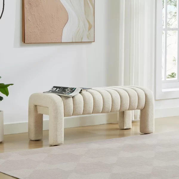 End of Bed Bench, Modern Sherpa Entryway Bench, Upholstered Ottoman Stool with Extra Length, Full Coverage Fabrics - Image 12
