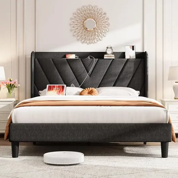 Bed Frame with Headboard, Adjustable Velvet Upholstered Bed Frame with Type-C&USB Ports, Wingback Storage Headboard - Image 8