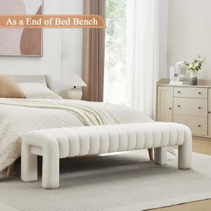 End of Bed Bench, Modern Sherpa Entryway Bench, Upholstered Ottoman Stool with Extra Length, Full Coverage Fabrics