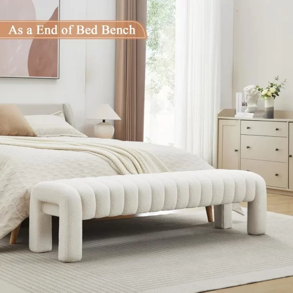 End of Bed Bench, Modern Sherpa Entryway Bench, Upholstered Ottoman Stool with Extra Length, Full Coverage Fabrics