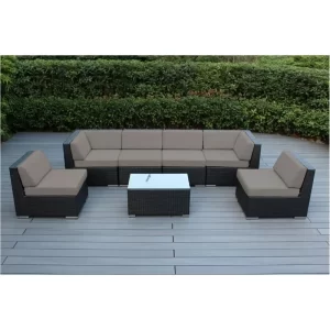 Ohana 7-Piece Outdoor Patio Furniture Sectional Conversation Set, Black Wicker with Sunbrella Taupe Cushions - No Assembly