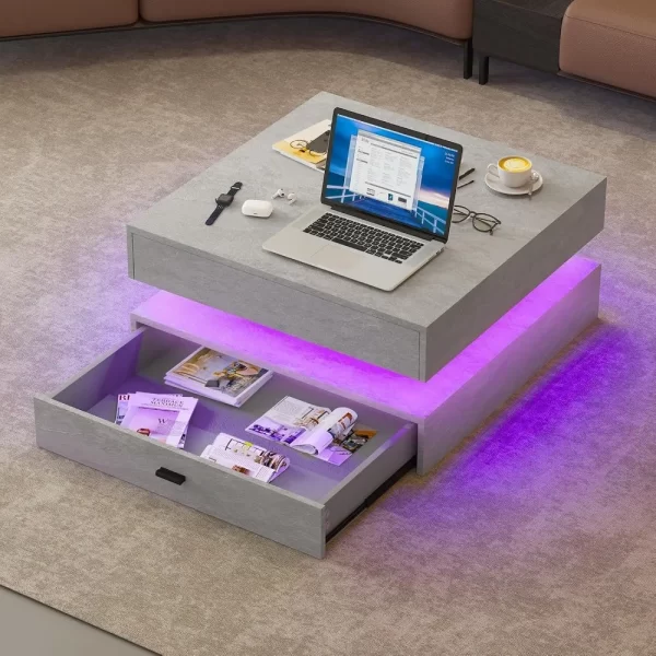 LED Coffee Table for Living Room,2-Tier Modern High Gloss Square Middle Center Table with Storage Drawers - Image 3