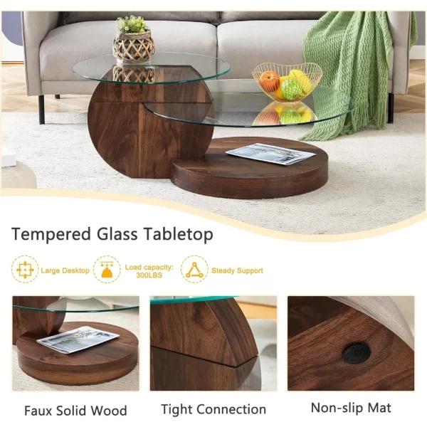 Glass Coffee Table, Modern Round Tempered Glass Coffee Tables for Living Room, 3-Tier Circle Walnut Coffee Table with Storage - Image 3