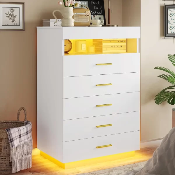 Black Dresser with LED Lights, Floating Tall Dresser with 5 Large Drawers & Open Storage Space & Pull Out Tray, 5 Drawer Dresser - Image 8