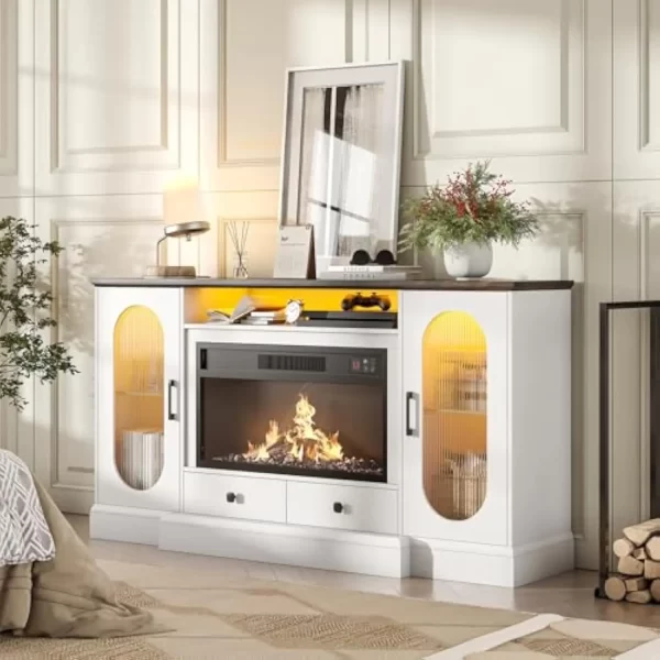 66'' Electric Fireplace TV Stand, TV Stand with Fireplace, Television Stands with RGB LED Light and Adjustable Shelves, Enterta