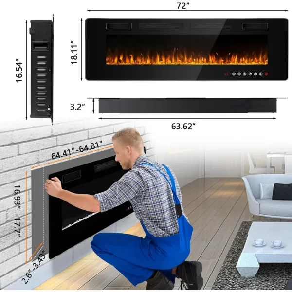 72 Inch Ultra-thin Silent Linear Electric Fireplace, Embedded Wall Mounted Fireplace, 12 Adjustable Flame Colors and Speeds - Image 6