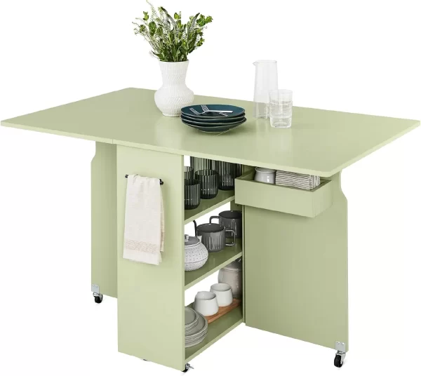 Folding Dining Table, Multipurpose Space Saving Collapsible Drop Leaf Extension Desk w/Wheels, 3 Storage Shelves - Image 10