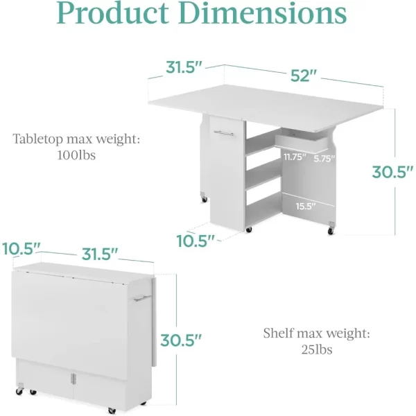 Folding Dining Table, Multipurpose Space Saving Collapsible Drop Leaf Extension Desk w/Wheels, 3 Storage Shelves - Image 3