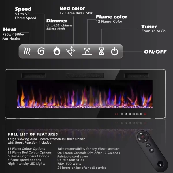 72 Inch Ultra-thin Silent Linear Electric Fireplace, Embedded Wall Mounted Fireplace, 12 Adjustable Flame Colors and Speeds - Image 4