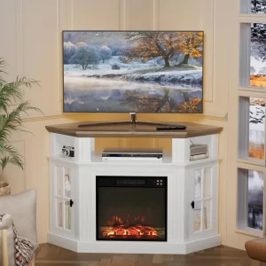 Fireplace Corner TV Stand for TV Up to 55 Inch, Modern TV Console with 18 Inch Electric Fireplace, Entertainment Center with Op