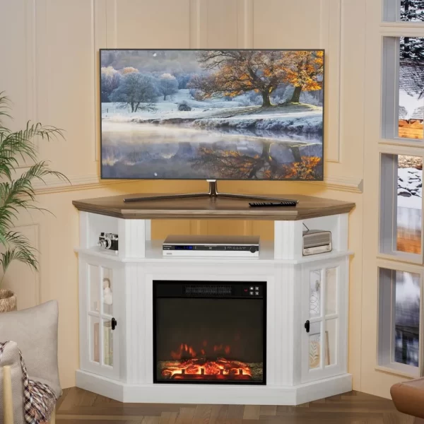 Fireplace Corner TV Stand for TV Up to 55 Inch, Modern TV Console with 18 Inch Electric Fireplace, Entertainment Center with Op