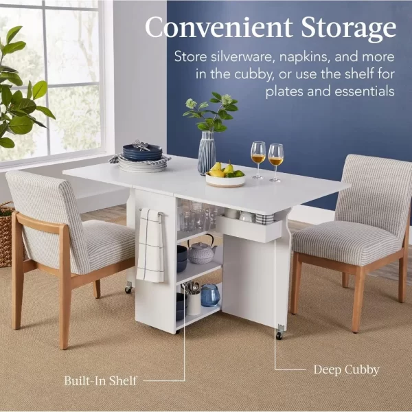 Folding Dining Table, Multipurpose Space Saving Collapsible Drop Leaf Extension Desk w/Wheels, 3 Storage Shelves - Image 5
