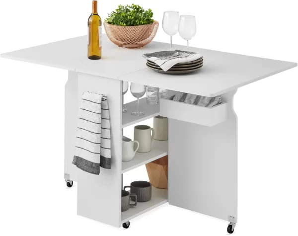 Folding Dining Table, Multipurpose Space Saving Collapsible Drop Leaf Extension Desk w/Wheels, 3 Storage Shelves - Image 11