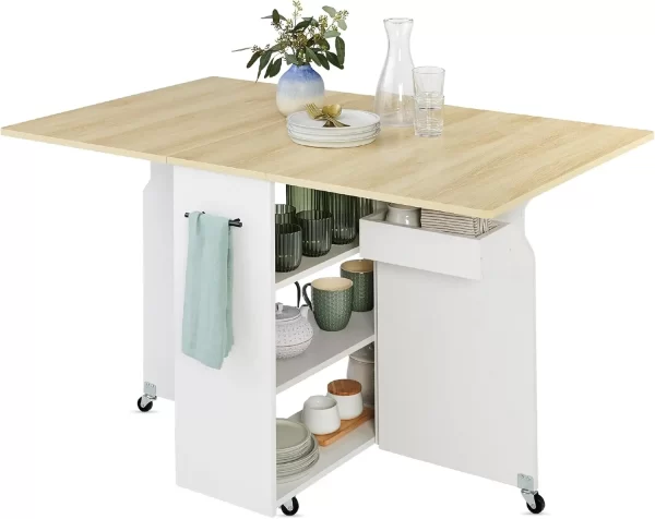 Folding Dining Table, Multipurpose Space Saving Collapsible Drop Leaf Extension Desk w/Wheels, 3 Storage Shelves - Image 8