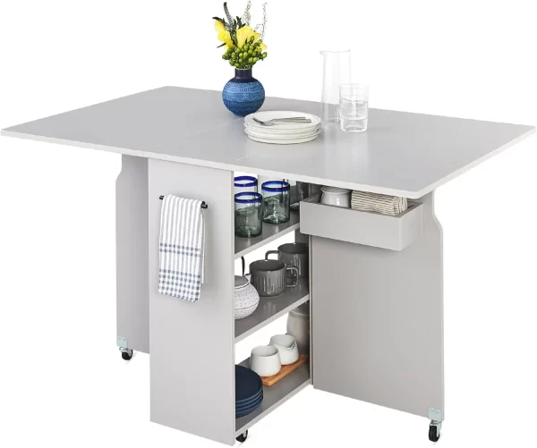 Folding Dining Table, Multipurpose Space Saving Collapsible Drop Leaf Extension Desk w/Wheels, 3 Storage Shelves - Image 7