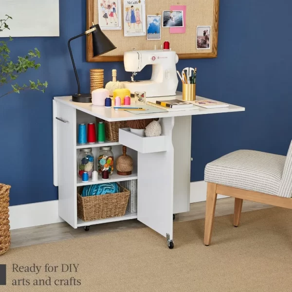 Folding Dining Table, Multipurpose Space Saving Collapsible Drop Leaf Extension Desk w/Wheels, 3 Storage Shelves - Image 4