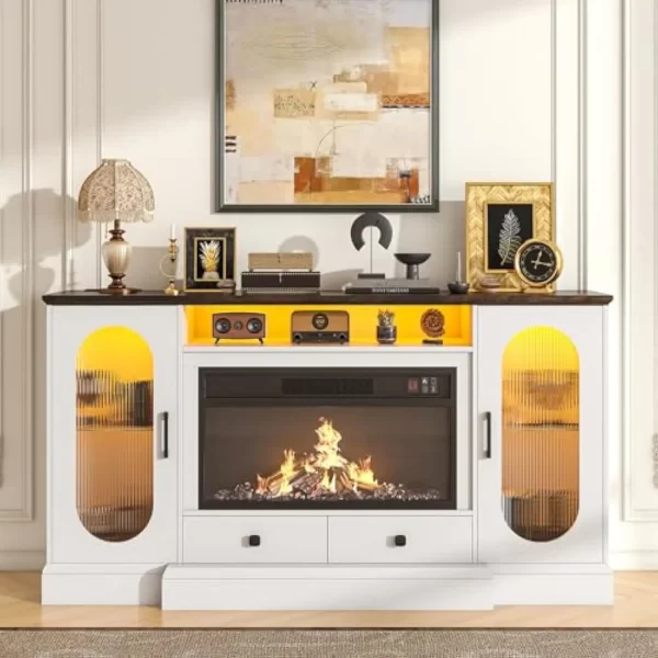 66'' Electric Fireplace TV Stand, TV Stand with Fireplace, Television Stands with RGB LED Light and Adjustable Shelves, Enterta - Image 2