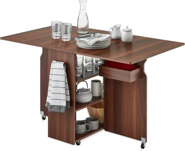 Folding Dining Table, Multipurpose Space Saving Collapsible Drop Leaf Extension Desk w/Wheels, 3 Storage Shelves - Image 9