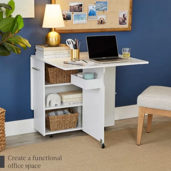 Folding Dining Table, Multipurpose Space Saving Collapsible Drop Leaf Extension Desk w/Wheels, 3 Storage Shelves - Image 2