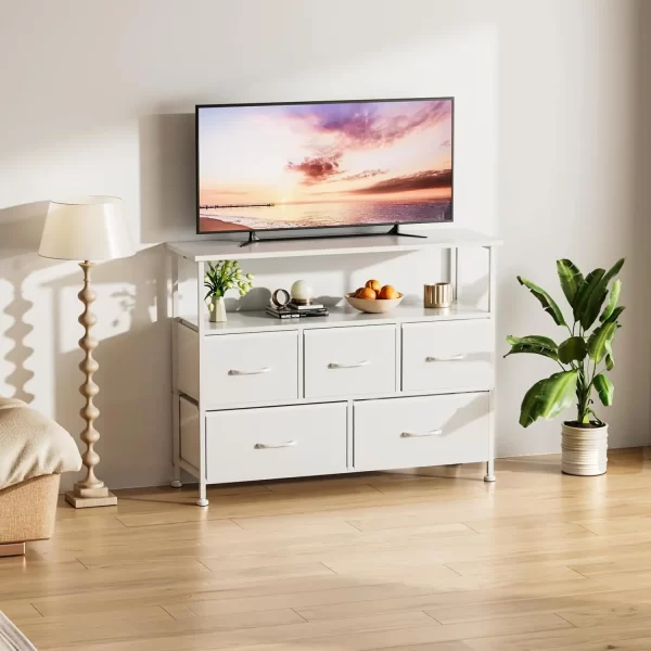 Storage TV Stand Dresser for Living Room and Bedroom, Equipped with 5 Fabric Drawers and a Wooden Countertop. - Image 7