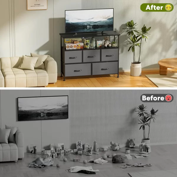 Storage TV Stand Dresser for Living Room and Bedroom, Equipped with 5 Fabric Drawers and a Wooden Countertop. - Image 2