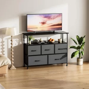 Storage TV Stand Dresser for Living Room and Bedroom, Equipped with 5 Fabric Drawers and a Wooden Countertop.