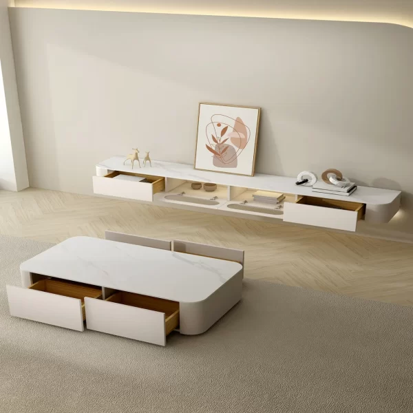 Simple Modern TV Stands Wood Living Room Furniture TV Cabinet and Coffee Table Set with Rock Slab TV Unit Wall - Image 2