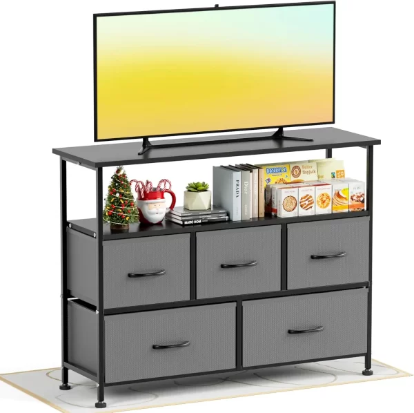 Storage TV Stand Dresser for Living Room and Bedroom, Equipped with 5 Fabric Drawers and a Wooden Countertop. - Image 5