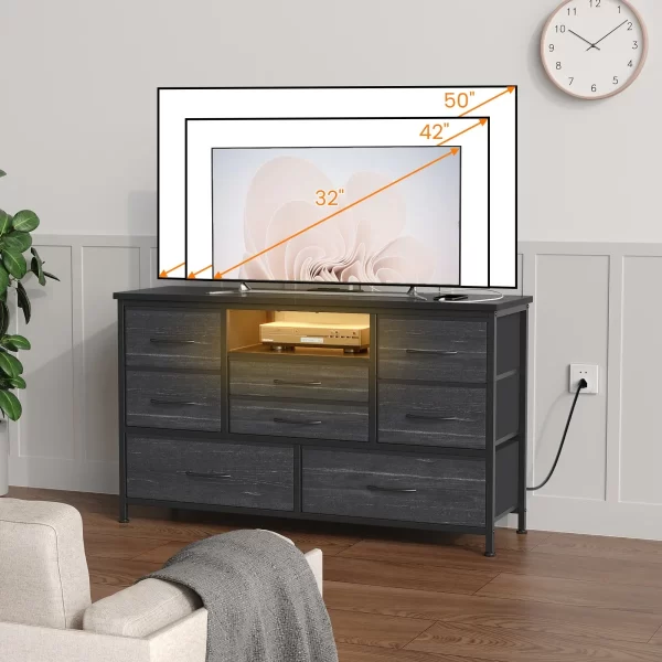 TV Stand with Power Outlet & LED for 55'' TV Long Dresser for Bedroom with 8 Drawers Wide Console Table - Image 5