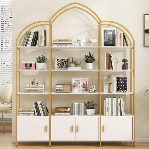 Arched Bookshelves and Bookcases: Triple Wide 5-Tier Large Open Bookshelf, Etagere Bookcase with Display Shelf for Home Office - Image 9