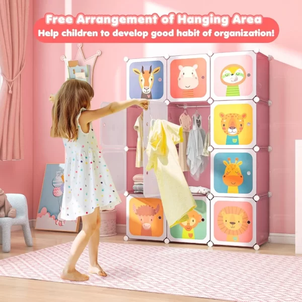 Kids Closet,Cartoon Modular Dresser Storage Organizer with 12 Cubes&2 Clothes Hanging Rack,Portable Armoire for Baby Toddlers - Image 4