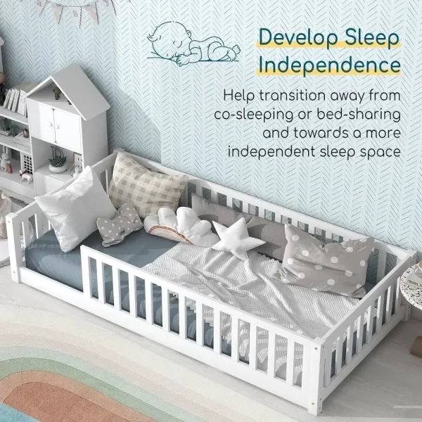 Twin Size Floor Bed for Kids with Safety Guardrails and Door and Slats, Montessori Bed Frame for Kids - Image 3