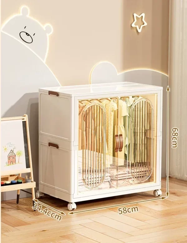 Folding Storage Cabinet With Wheels Double Door Baby Wardrobe Closet Transparent Locker Large Capacity Organizer Bins Shelf - Image 10
