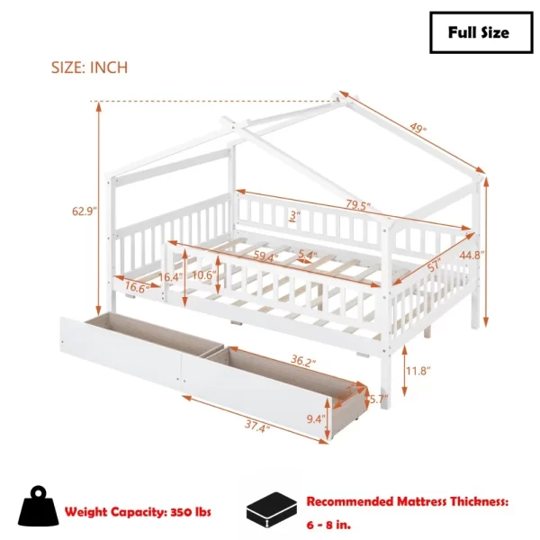 Full Size House Bed with Storage Drawers Playhouse Platform Bed Wooden House-shaped Beds Frame with Fence Guardrail and Roof - Image 3