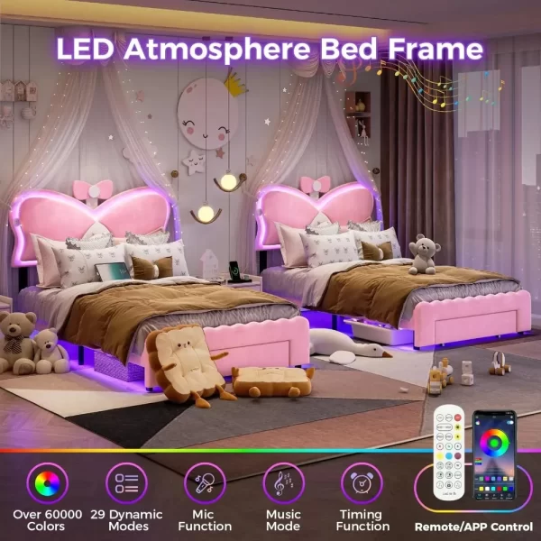 Twin Bed Frames with LED Lights and Storage Drawer, Upholstered Beds Frame Twin Size with Height Adjustable Butterfly Headboard - Image 6