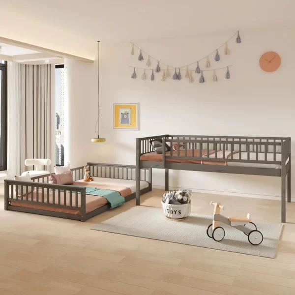 Full Xl Over Queen Floor Bunk Bed, Kids Bedroom Gray Wooden Bunk Bed Frame, Convertible To 2 Separated Beds With Trundle, - Image 3