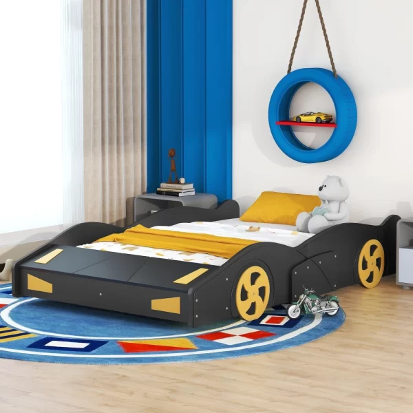 Full Size Race Car-Shaped Platform Bed with Wheels and Storage, Black+Yellow - Image 3