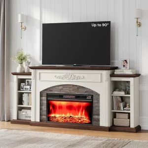 Electric Fireplace with Mantel, Fireplace TV Stand for TVs Up to 90",Modern Entertainment Center with Realistic Stacked Stone