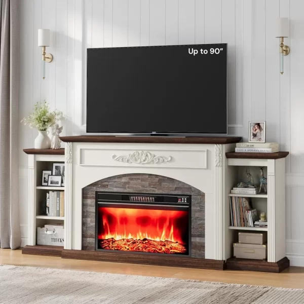 Electric Fireplace with Mantel, Fireplace TV Stand for TVs Up to 90",Modern Entertainment Center with Realistic Stacked Stone