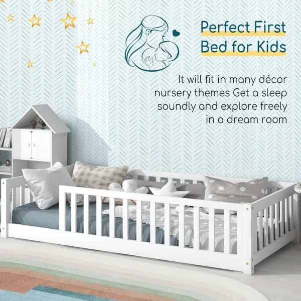 Twin Size Floor Bed for Kids with Safety Guardrails and Door and Slats, Montessori Bed Frame for Kids - Image 4