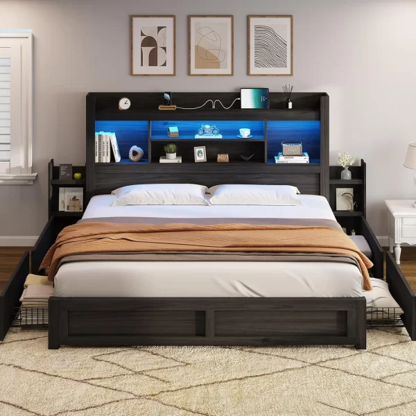 King Size Bed Frame with 4 Storage Drawers,  with 49.6" Tall Bookcase Headboard, with Charging Station, LED Bed Frame - Image 8