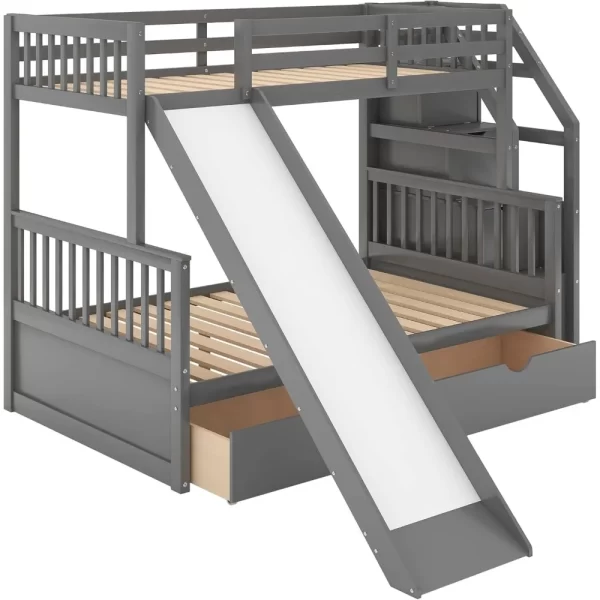 SOFTSEA Twin Over Full Wood Bunk Bed with Slide Solid Wood Bunk Bed with Stairs and Drawers - Image 4