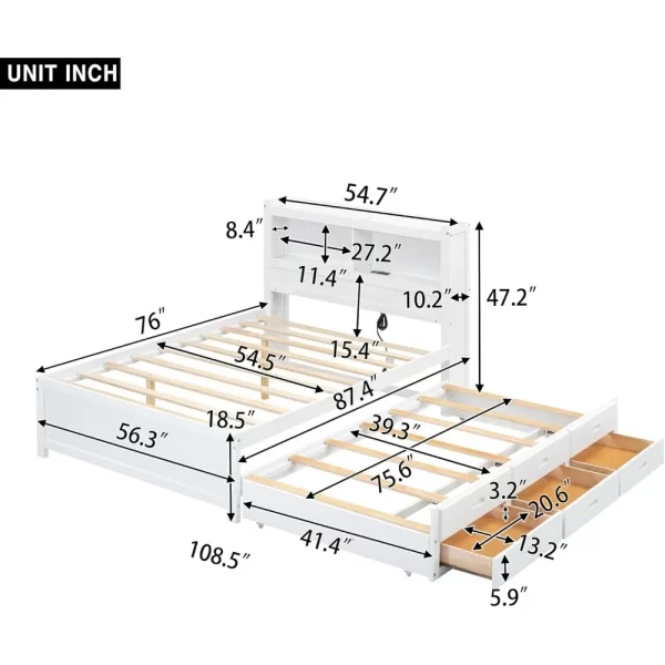 Harper & Bright Designs Full Size Platform Bed with Trundle, Drawers and Bookcase Headboard with USB Plugs, Hardwood Full Size B - Image 2