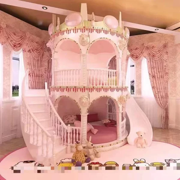Customizable Solid Wood Pink Princess Castle Bunk Bed with Slide for Children's Bedroom