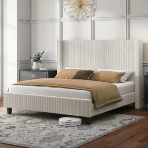 QWHOWE Queen Size Upholstered Platform Frame,Wingback Bed with 50.8" Headboard,Corduroy/Solid Wood Leg/No Box Spring Needed/No