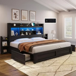 King Size Bed Frame with 4 Storage Drawers,  with 49.6" Tall Bookcase Headboard, with Charging Station, LED Bed Frame