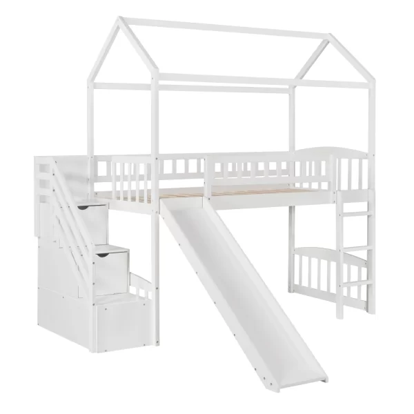 Twin Loft Bed with Two Drawers and Slide, House Bed with Slide, White - Image 5