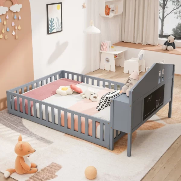 Full-size Montessori Floor Bed with Bookcases and Blackboards, Versatile Platform Beds with Guard rails, Solid Wood Floor Beds - Image 2