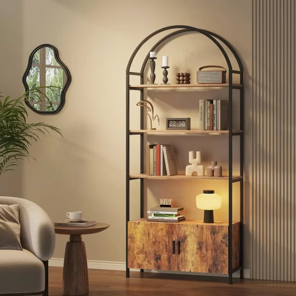 Arched Gold Bookshelf with Doors, 71" Tall Bookcase with Sturdy Metal Frame, Freestanding Display Shelving Unit - Image 8